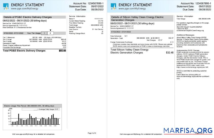 Realistic USA California PG&E (Pacific Gas and Electric Company) utility bill, Word and PDF template, 6 pages 3 4
